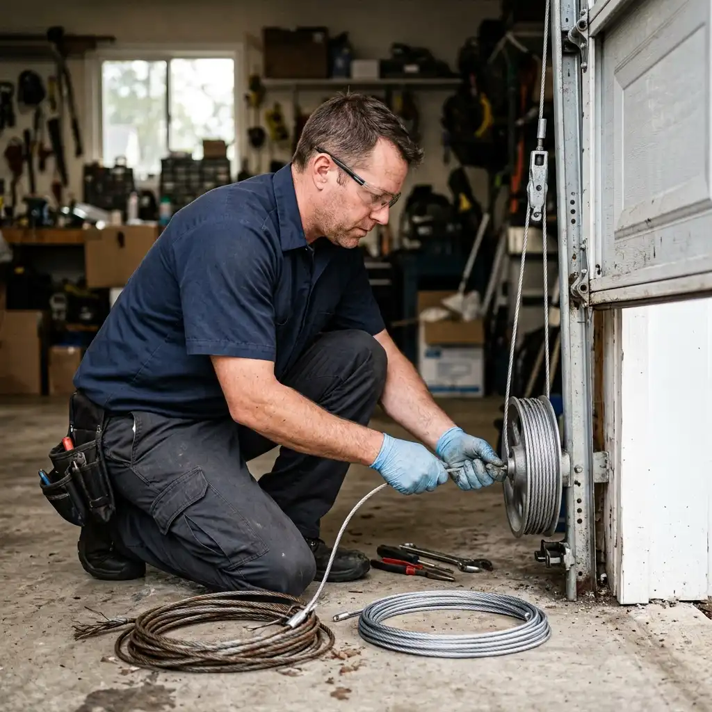 Technician replacing garage door cable in Garland, TX