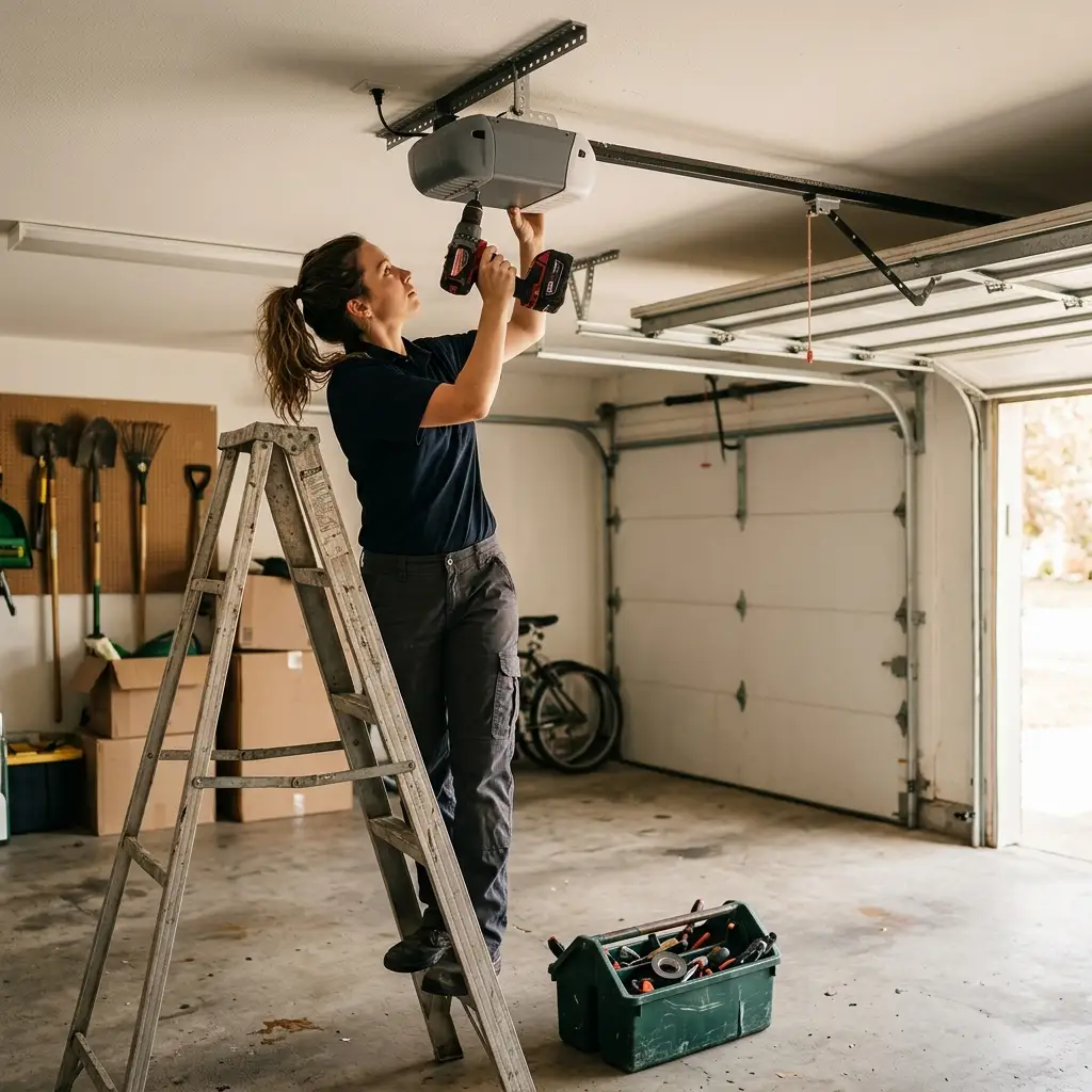 Technician repairing garage door opener in Garland, TX