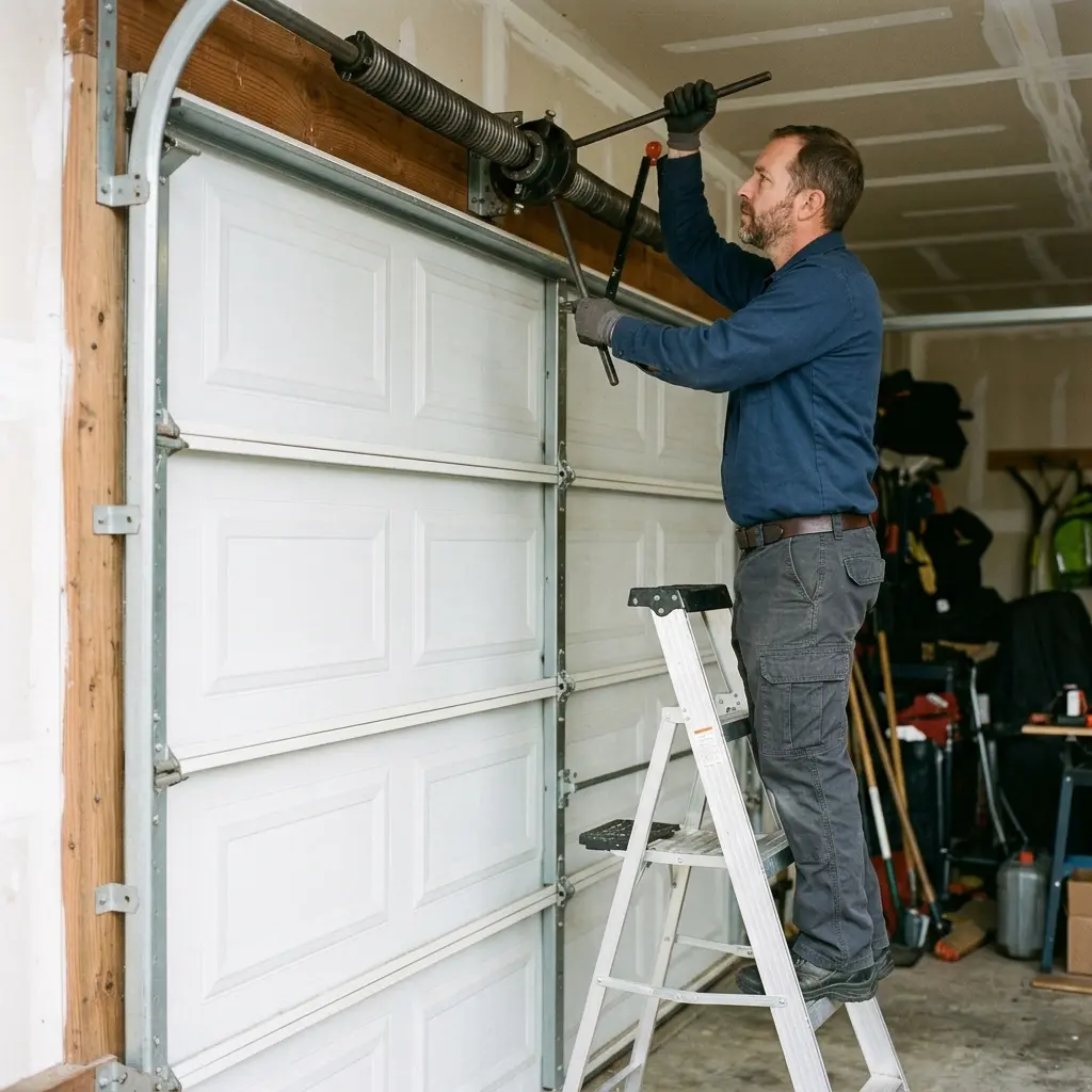 Technician repairing garage door spring in Garland, TX