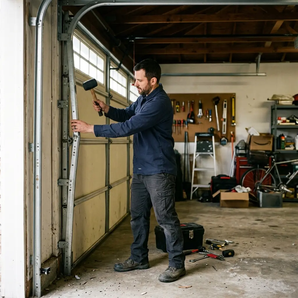 Technician realigning garage door track in Garland, TX